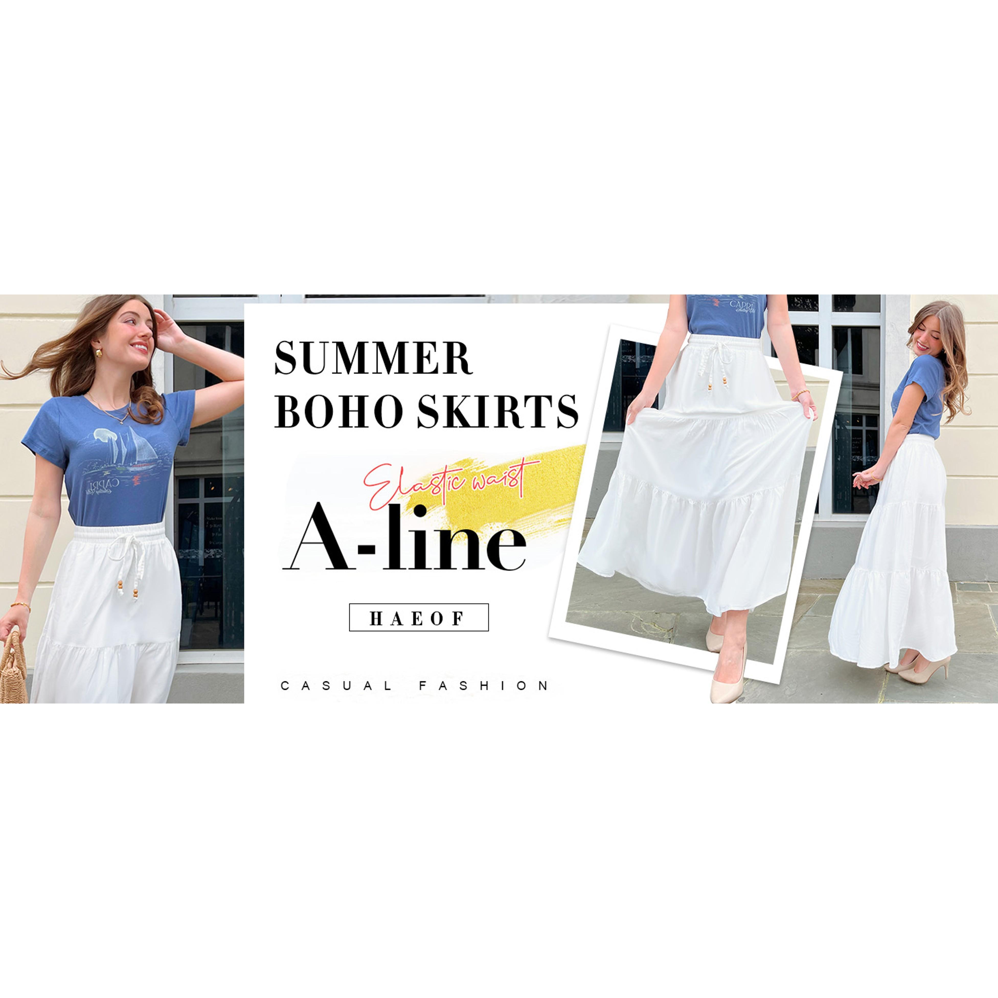 Women's Summer Boho Maxi Skirt A-Line Flowy Ruffle Tiered Elastic High Waist Beach Long Skirts with PocketsGift