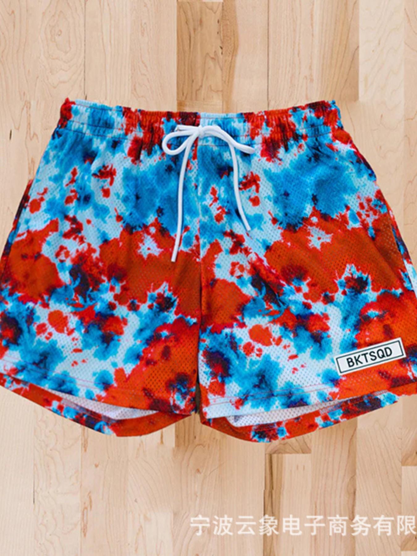 Men's Bktsqd Spray Paint Style Shorts, Loose Fit Sporty Casual Mesh Quick-Dry Basketball Pants, American Fashion Under Knee