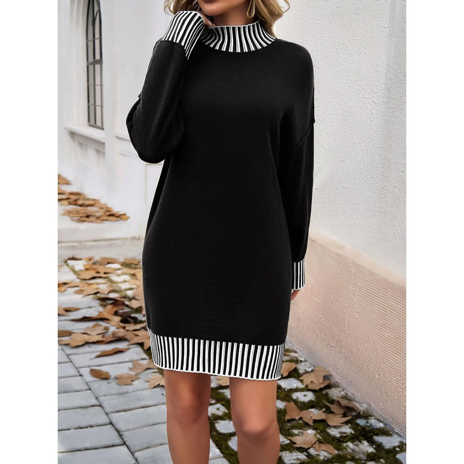 Cozy Mock Neck Sweater Dress for Women, Ribbed Trim Long Sleeve Knit Mini Dress, Warm Fall Winter Pullover Dress