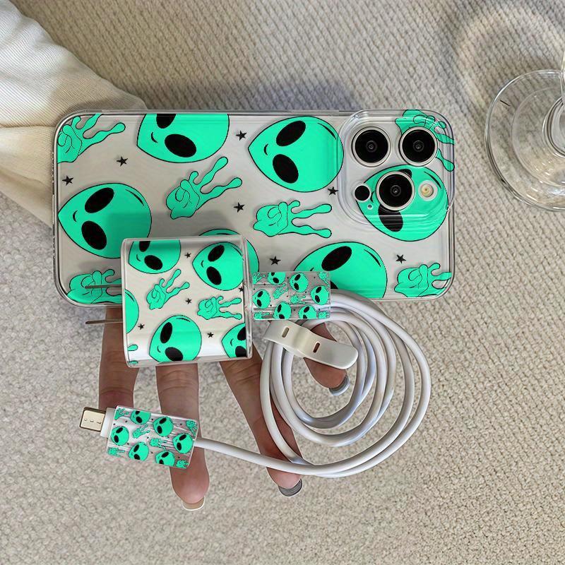 iPhone Case Set, Transparent Alien Design, Shockproof Protective Cover for iPhone 15 Series & More, Includes Charger Protector & Cable Wrap, Accessories