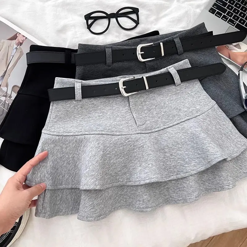Flounced Layered Skirt Women Tiered Ruffle Mini Skirt with Belt Bulit-in Shorts Skort Teenage Girl Rara Skirt 90s Outfit