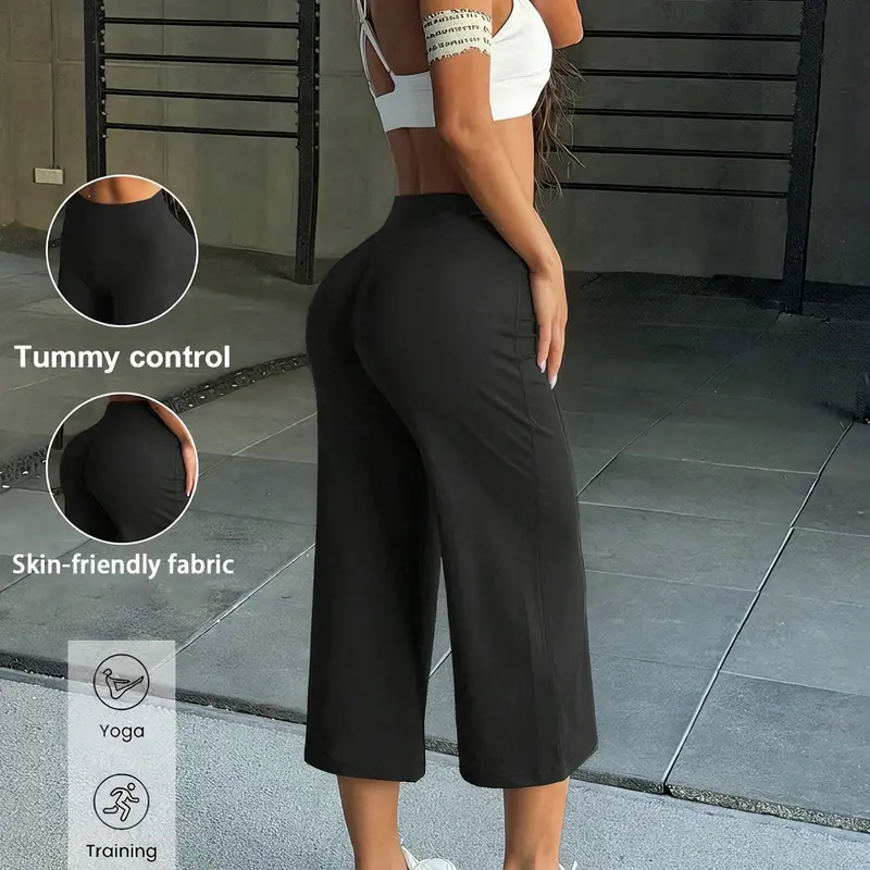 Women's High Waist Butt-Lifting Capri Pants, Solid Color Cropped Wide Leg Workout Pants for Gym, Fitness and Daily Wear, Female Gym Clothes