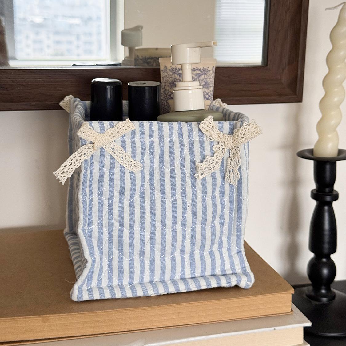 Cute butterfly quilted fabric storage basket, foldable square desktop organizer for cosmetics, skincare products, and miscellaneous items, Instagram-style floral print storage bin suitable for home, dorms, and vanity tables