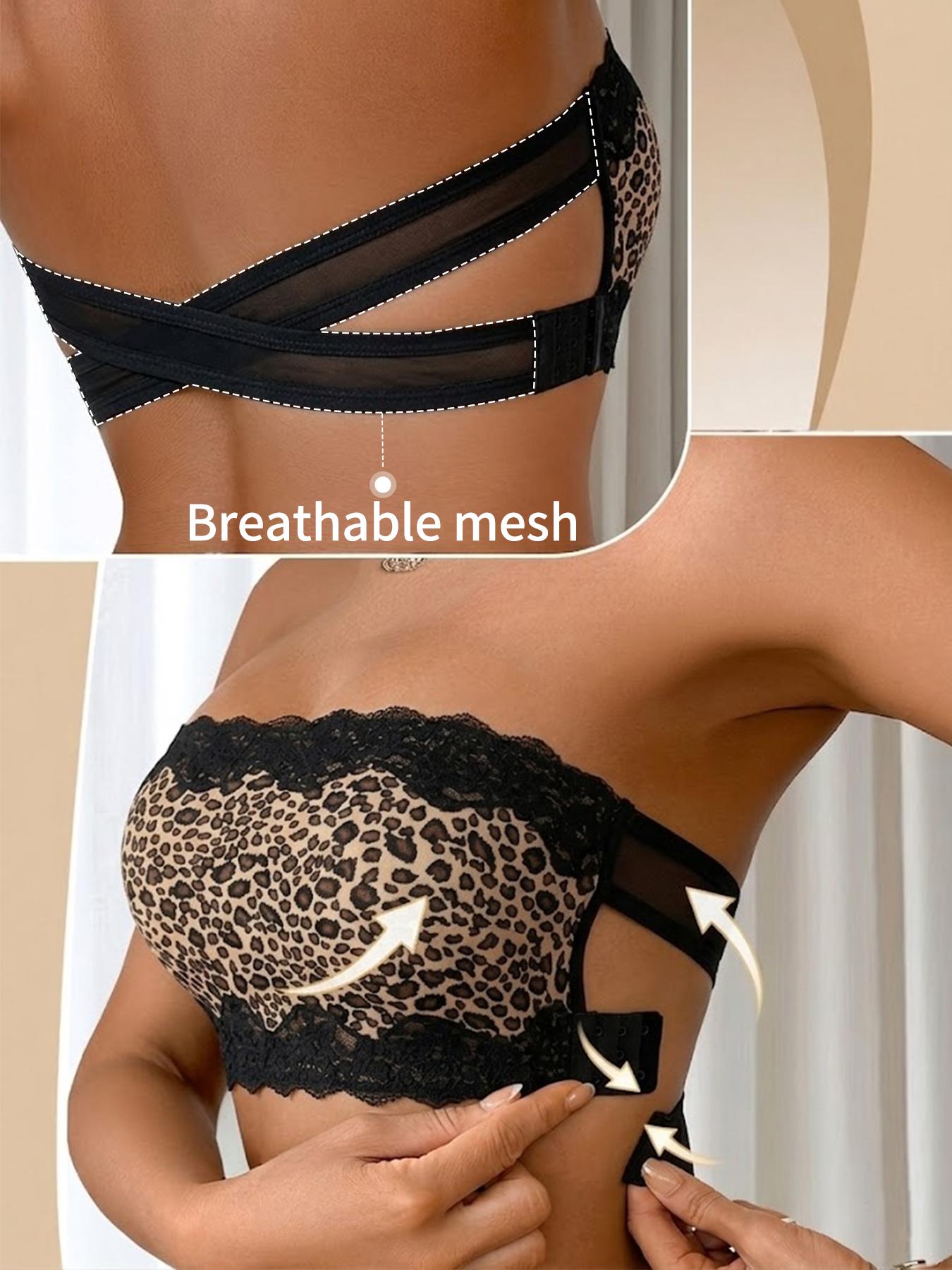 Women's seamless leopard print bra, strapless, cross-back design, casual and comfortable, minimalist see-through, wireless, black, invisible basic, adjustable bra, leopard print top