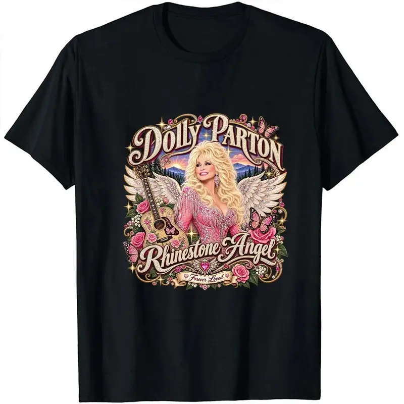 Women T‑Shirt Dolly Parton Rhinestone Angel Wings Guitar Floral Vintage Country Music Legend Graphic Casual Tee Top