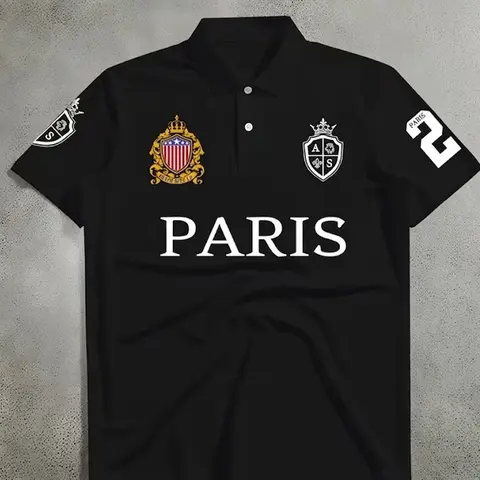 Men's Unique Trendy Short Sleeve Graphic Badge Polo Shirt, Casual Streetwear Top for Outdoor & Daily Wear