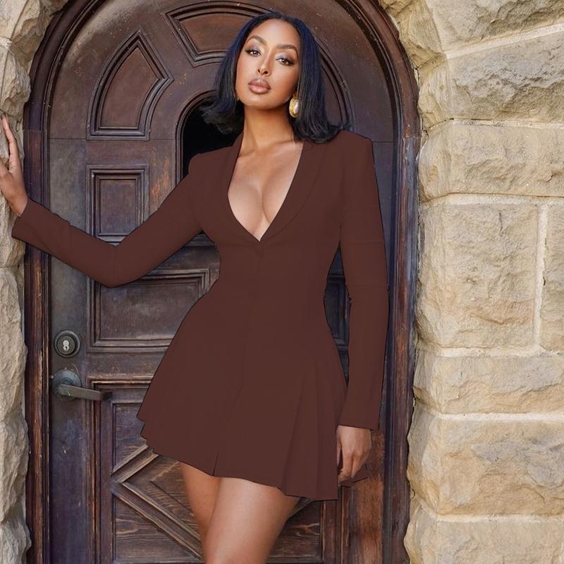 Women's Solid Deep V-Neck Pleated A-Line Dress, Elegant Formal Chic Button Front Long Sleeve Short Dress for Spring & Fall, Women's Clothing for Daily Wear