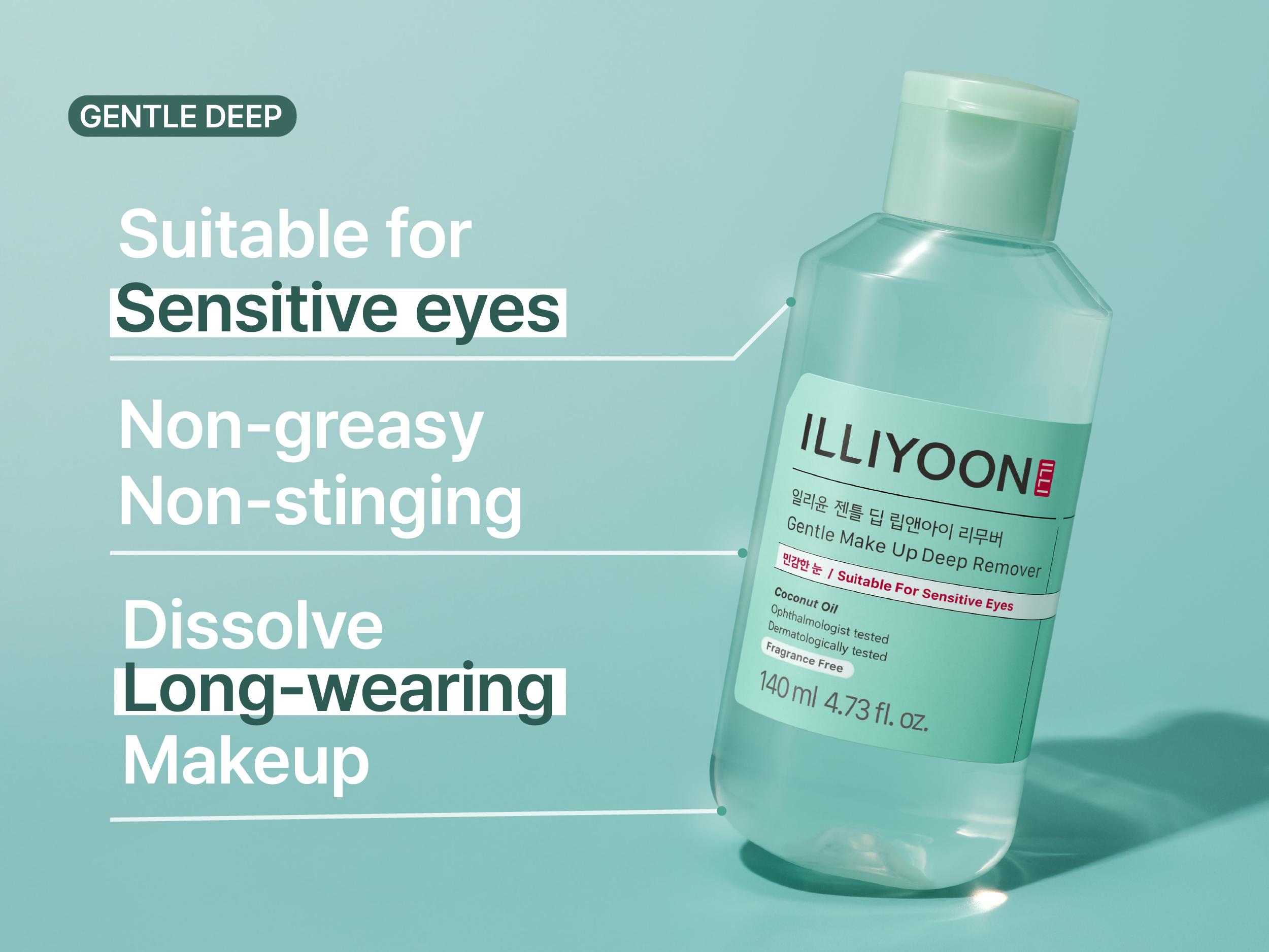ILLIYOON Gentle Make Up Deep Remover | Waterproof Makeup Remover, Gentle on Sensitive Eyes & Lips, Ophthalmologist-Tested, Effective Cleansing, Coconut Oil, AHA & BHA, 4.73 fl. oz. (140ml)