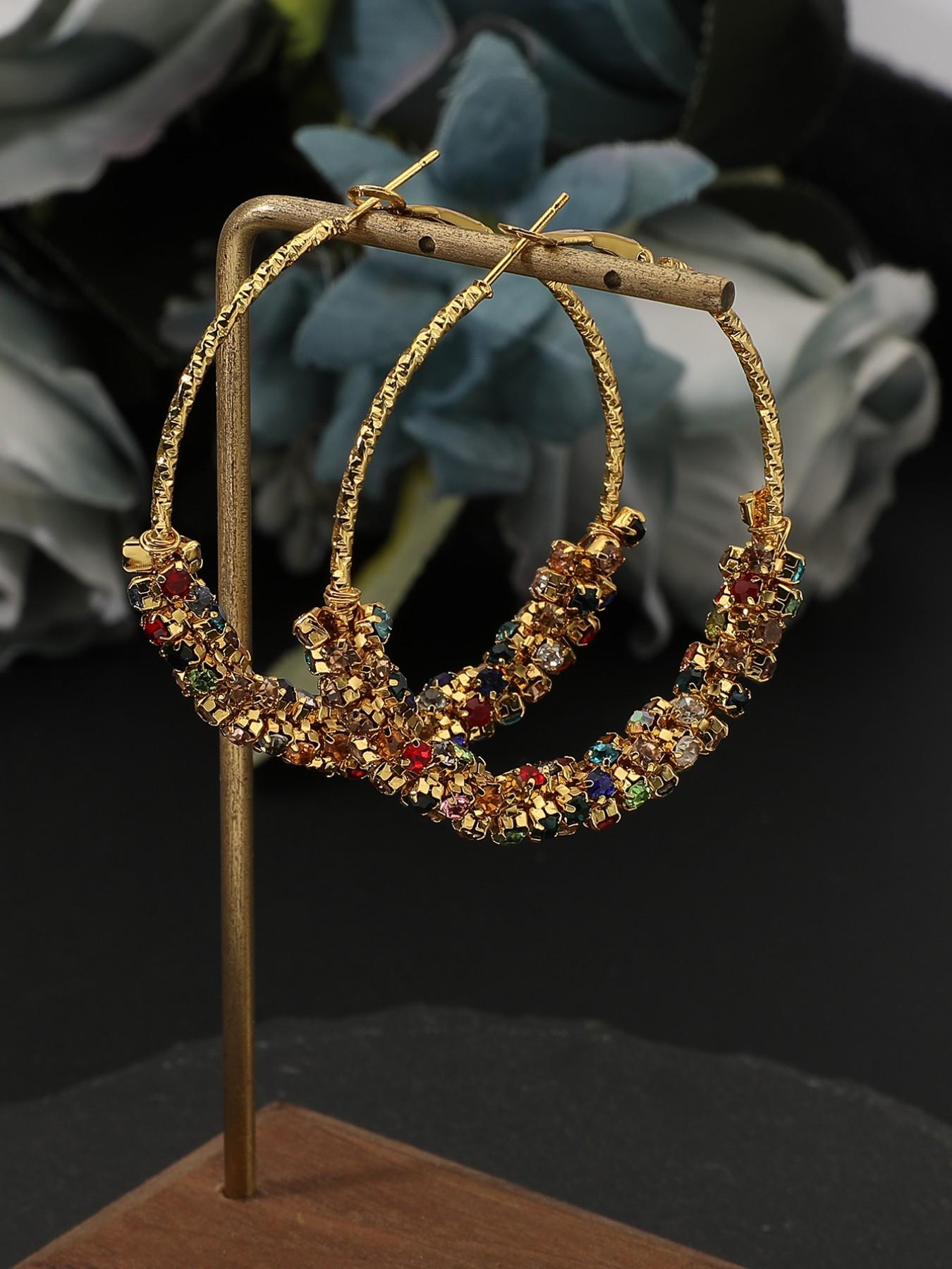 Handmade Colorful Rhinestone Hoop Earrings, Retro Unique Design, Striped Pattern, Titanium Alloy, All Seasons Accessories