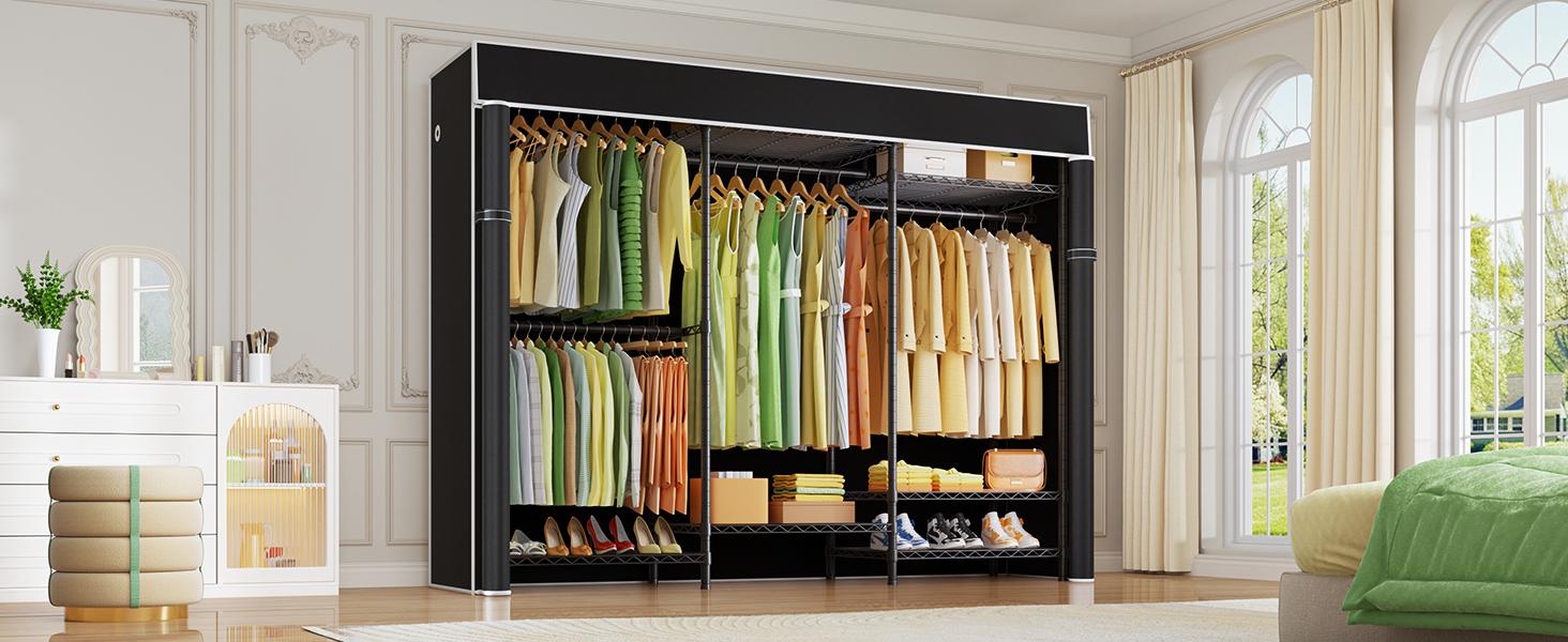 Ulif Heavy Duty Closet Organization System, Freestanding Clothes Rack, Adjustable, 63"W x 16"D x 77"H, 960 lbs Weight Capacity, with Dust Cover, Black