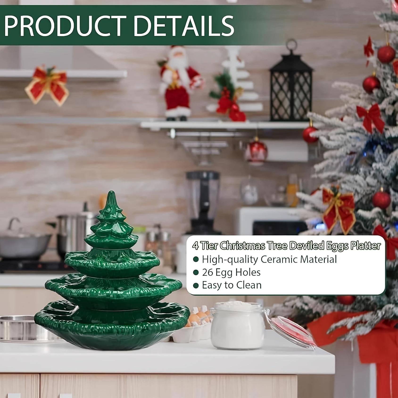 Ceramic Platter Shaped Like a Christmas Tree for Serving Deviled Eggs, Featuring a Reusable Oval Tray with a Lid, Designed in a Green Plant Style, And Includes Three Tiers for Presentation. (Non- Contact)