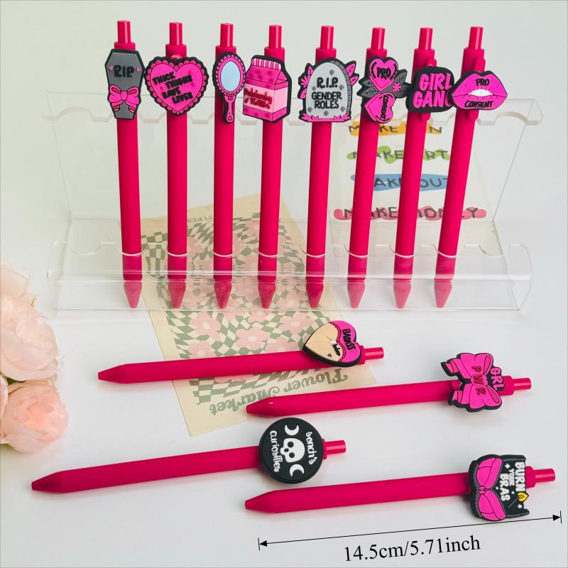 30/50Pcs black and pink contrasting color theme press-action gender-neutral pen, personalized silicone patch design, female power office writing signature ballpoint pen (15/25 pen + 15/25 refill)