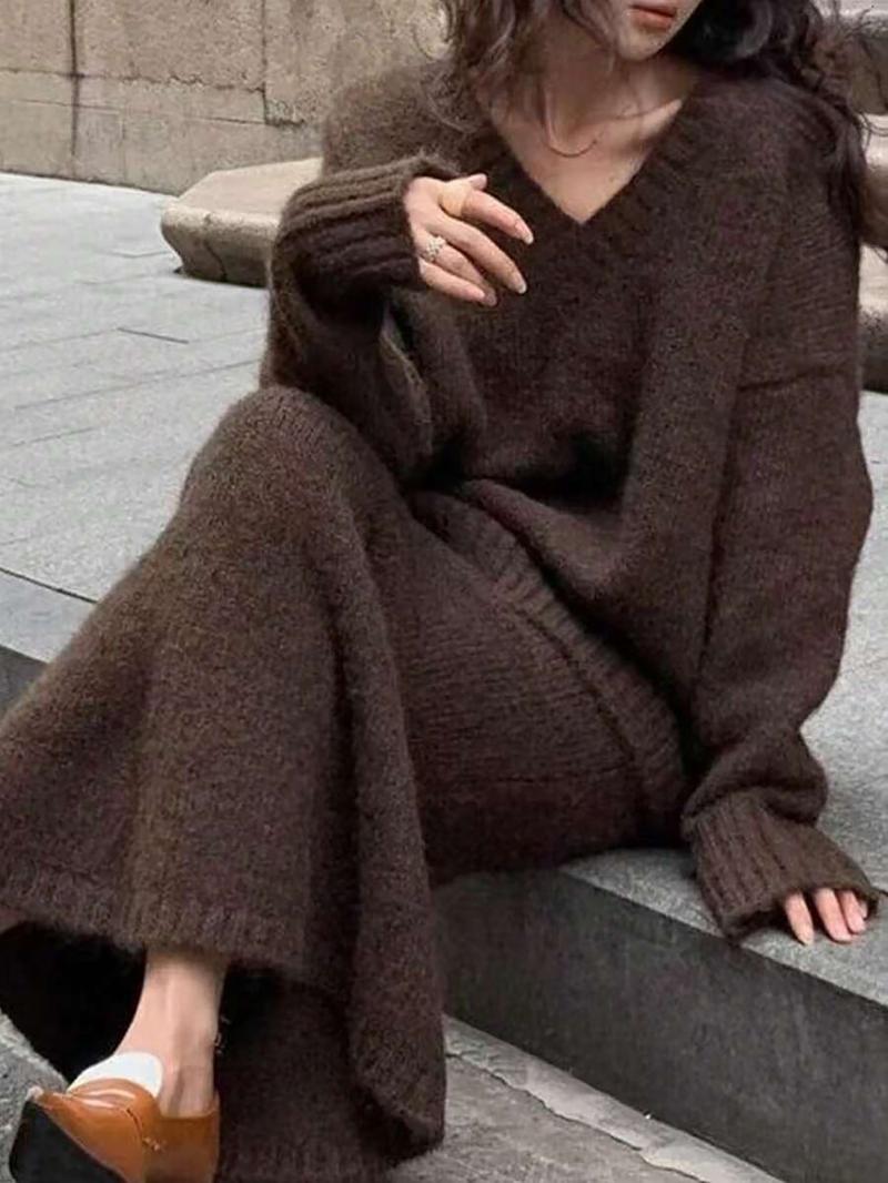 Women's V-Neck Sweater Dress Set, Casual Fashion Two-Piece Knitwear, Autumn Winter New Arrival, Comfortable and Elegant Style