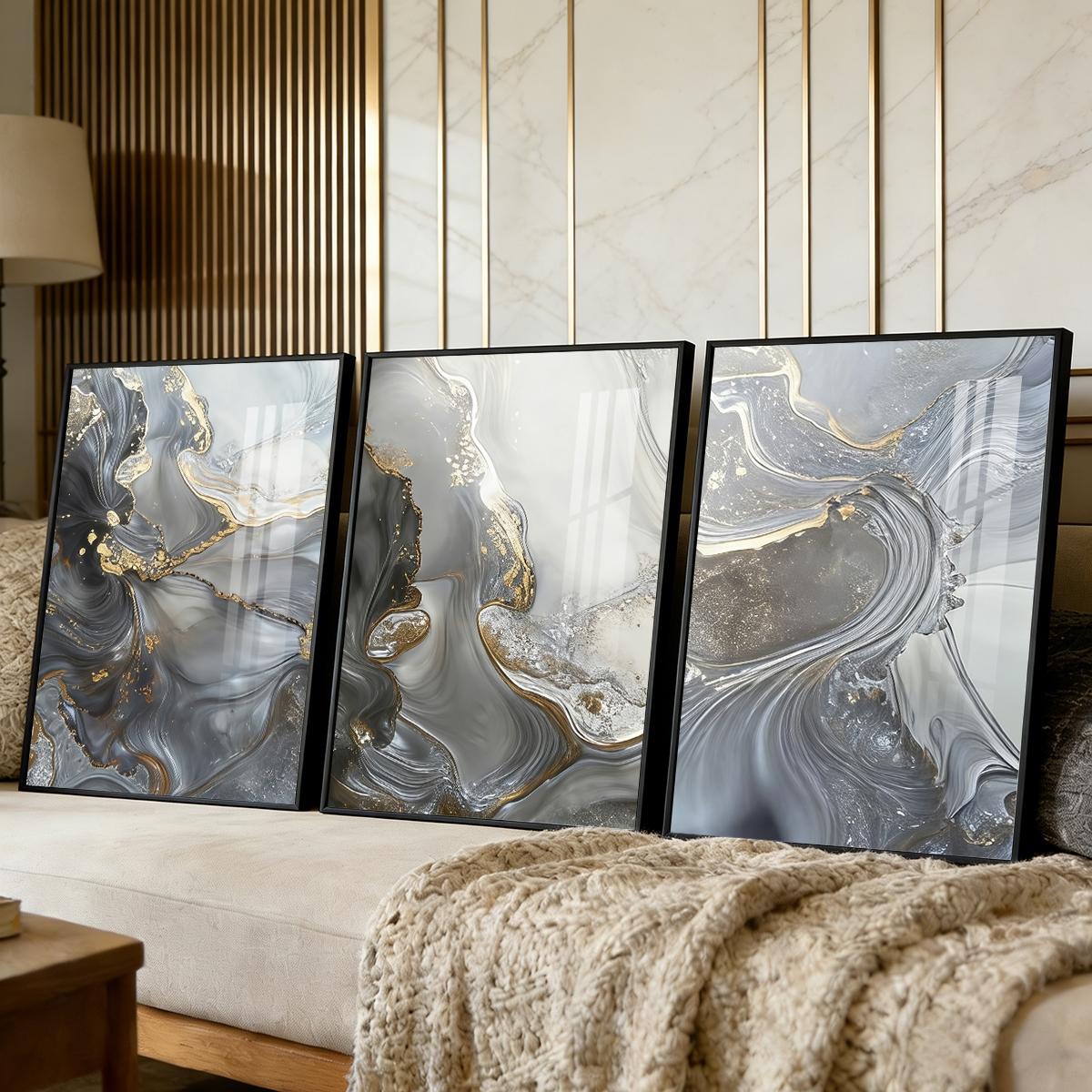 3 Counts Aluminum Alloy Framed Painting, Abstract Gray Gold Fluid Art Pictures, Home Decoration For Living Room, Bedroom, Office, Restaurant, Hallway Wall Decor, Odorless Print Artwork, Luxury Perfect Gift For Friends And Family