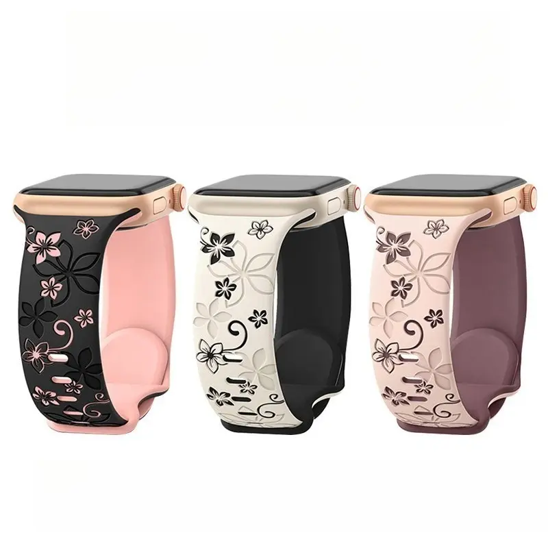 Floral Bauhinia Laser Engraved Silicone Watch Band Compatible with Apple Watch, Trending 3D Embossed Wrist Strap, Soft Breathable Replacement Accessory, Elegant Flower Pattern, Ideal Daily Ornament For Casual Outfits, Brunch Dates And Spring Street Stylin