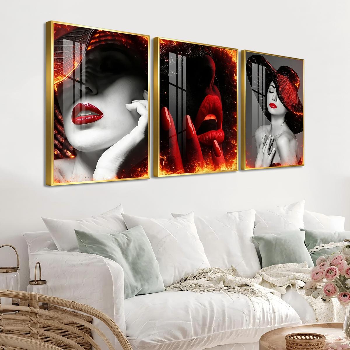 3 Counts Aluminum Alloy Framed Painting, Abstract Red Lips And Black Hat Lady Pictures, Home Decoration For Living Room, Bedroom, Office, Restaurant, Hallway Wall Decor, Odorless Print Artwork, Luxury Perfect Gift For Friends And Family
