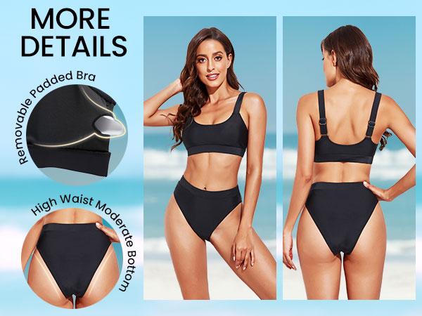 Tempt Me Women Two Piece High Waisted Bikini Swimsuits with Bottoms Teen Scoop Neck Sport Bathing Suits Plus Size Swimsuit Padded Push Up Swimsuit Swimwear with High Rise Cut Cheeky Bikini Bottom