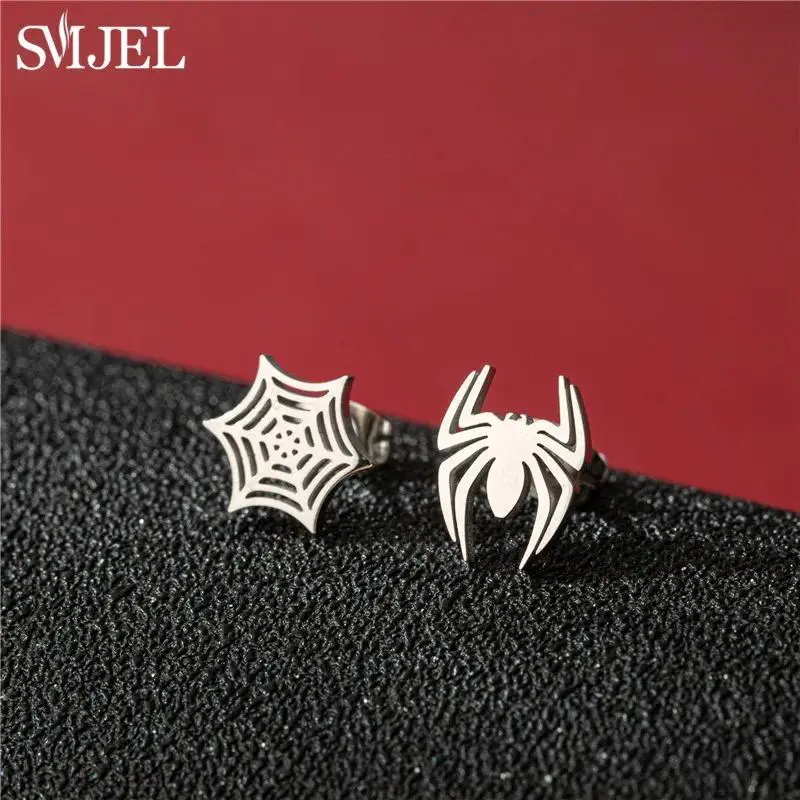 Punk Spider Web Stainless Steel Stud Earrings for Women Gothic Black Animal Spider Earing Piercing Halloween Jewelry Gifts