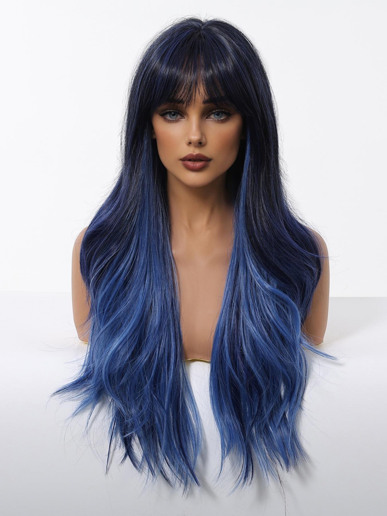 Fashionable New Long Wavy Dark Blue Wigs with Bangs and Blue Highlights, Synthetic Women's Wigs for Daily Use, Parties or Halloween Cosplay Taking Photos