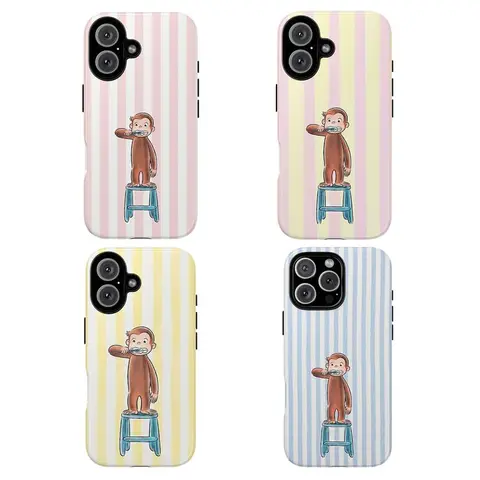Curious George Cartoon Smartphone Case - Durable, Waterproof, Shockproof, Soft-Touch Cover for iPhone 17,16 Pro Max,15,14,13,12,11 - Vintage Pink Striped Monkey Brushing Teeth Cute Phone Accessory with Easy Install Protection