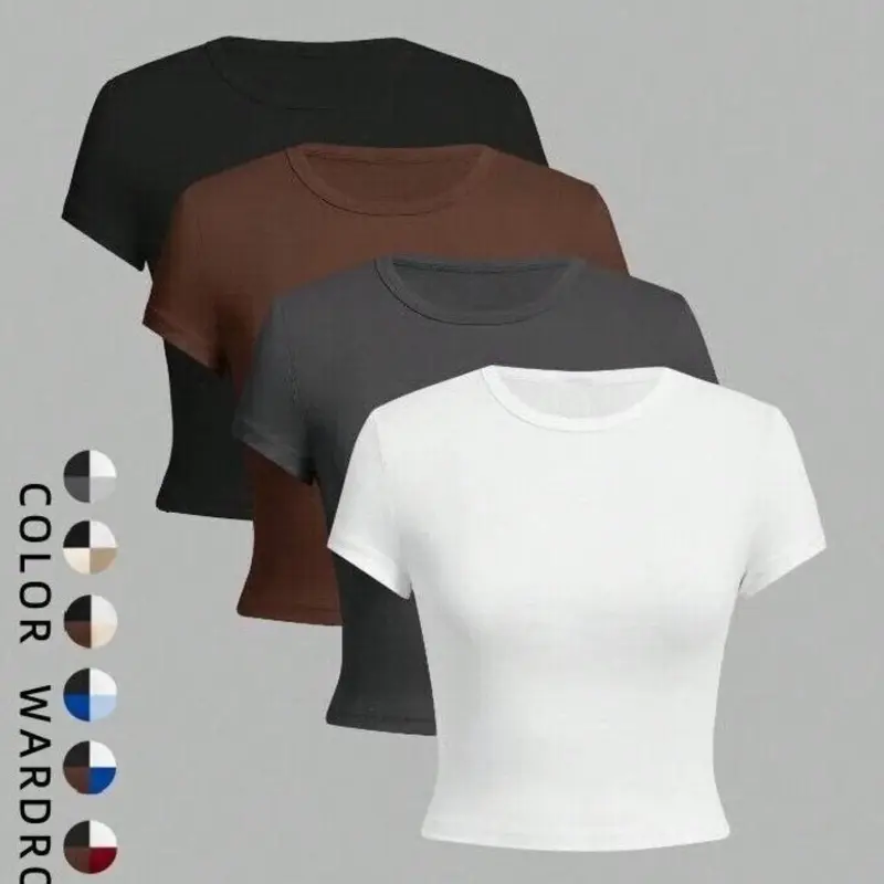 Spring Summer Comfortable Breathable Lightweight Fitted Shaping Women's Basic Knitting Fabric Short T-Shirt, Daily Tee, Soft Round Neck Knit Top, Girl Gift