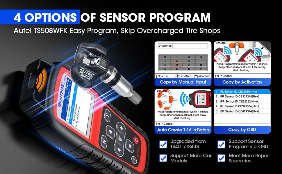 Autel MaxiTPMS TS508WiFi Kit with 8PCS 315+433MHz Sensors Universal Programming, Relearn, Activation Tool, Copy by OBD, Tire Monitoring System, Free Update Upgrade of TS508K, TS408, TS501, TS601,