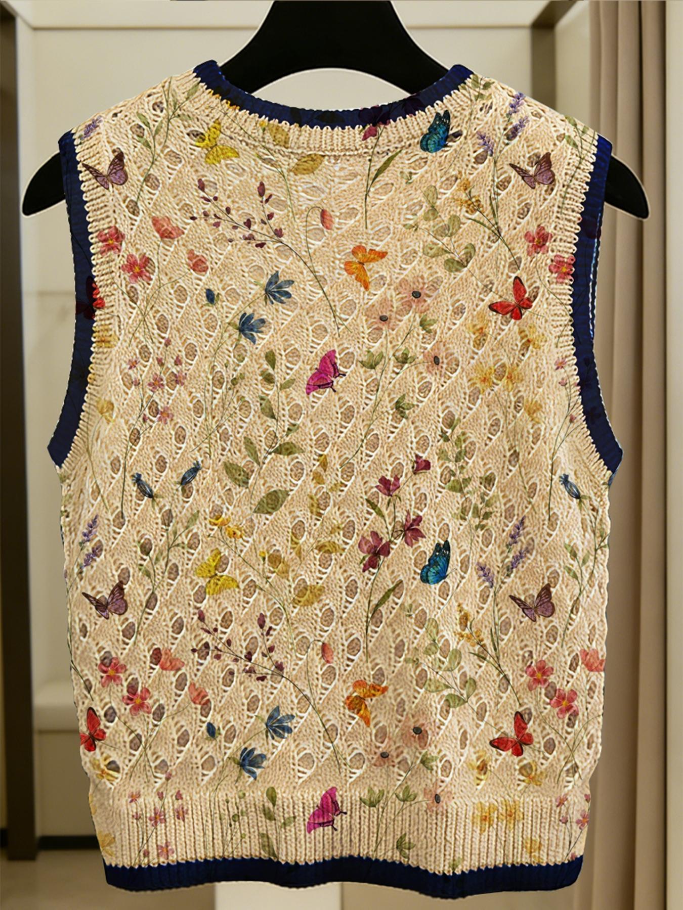 Women's Casual Butterfly Animal Floral Print Round Neck Vest Top, Loose-Fitting Short Knit Sweater Vest, Spring Summer Fall Fashion