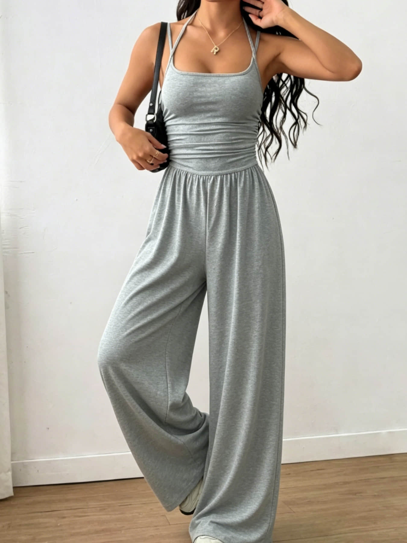 Summer New Fashion Women's Wear Design Double Fine Shoulder Strap One-Piece Wide Leg, Pleated Waist Design, Suitable for Commuting, Daily Wear, Vacation, Home, and Outdoor Adventures