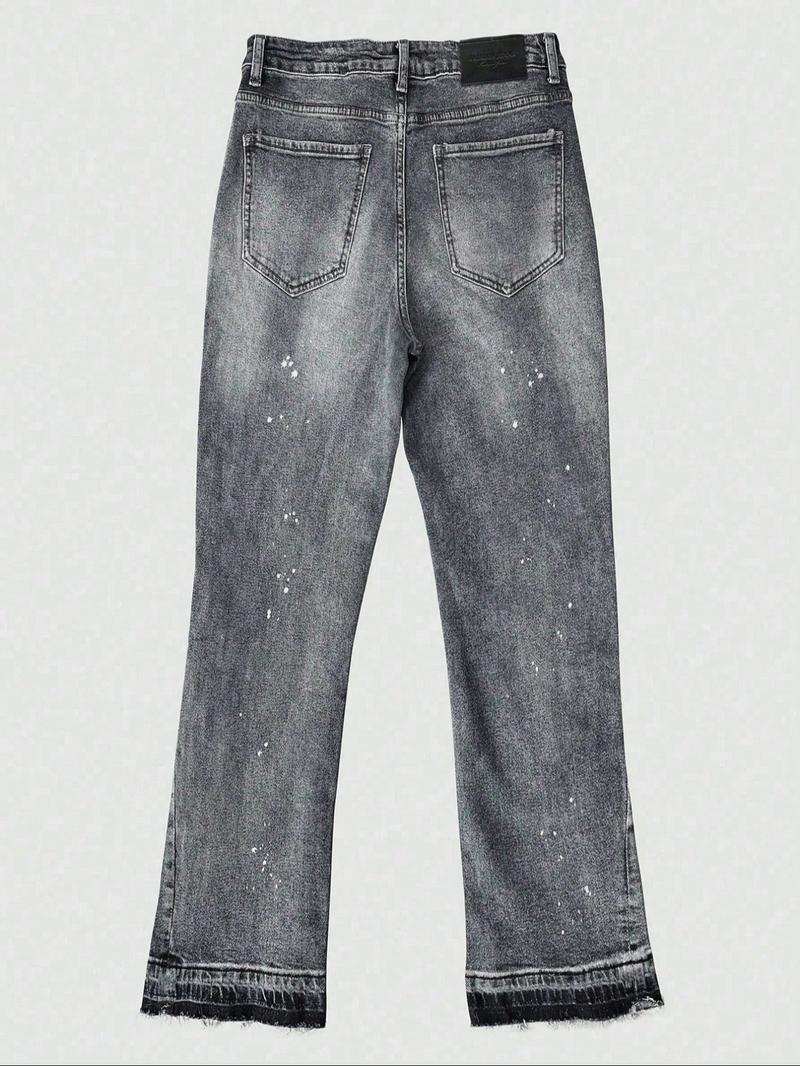 Men's High-End Casual Loose Fit Jeans, All Seasons Button Fly Zipper Micro Flare Pants, Plain Washed Denim Bottoms Men's High-End Casual Loose Fit Jeans, All Seasons Button Fly Zipper Micro Flare Pants, Plain Washed Denim Bottoms