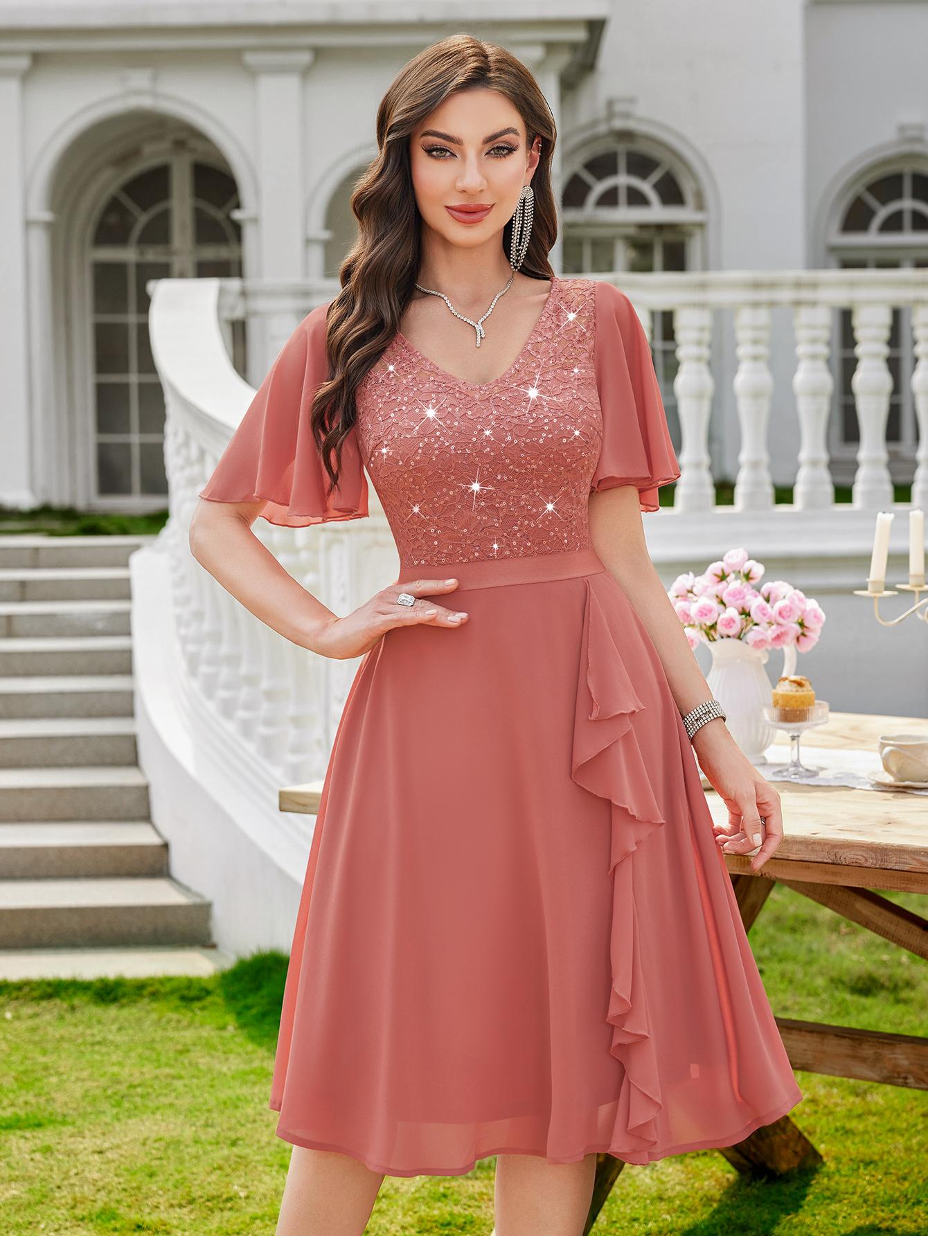 MIUSOL 24235 Women's Sequin Lace V Neck Ruffle Style Chiffon A-line Cocktail Party Dress