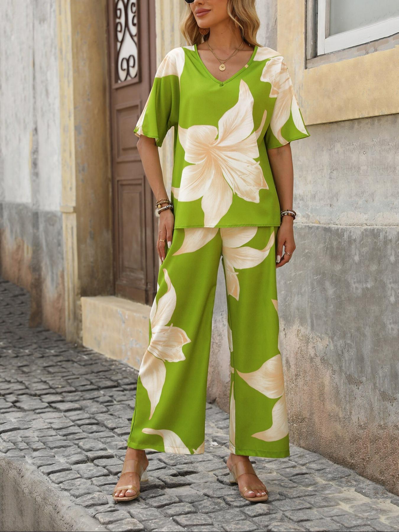 Women's Floral Print Blouse & Tie Front Wide Leg Pants Two-piece Set, Casual V Neck Top & Trousers for Summer, Ladies Clothes for Daily Wear, Womenswear