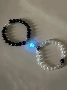 Luminous Magnetic Love Couple Bracelets Set, Magnetic Closure, 8mm Beaded Elastic Wristbands, Valentine's Day Hand Jewelry, 2 Pairs, Bracelet For Couples