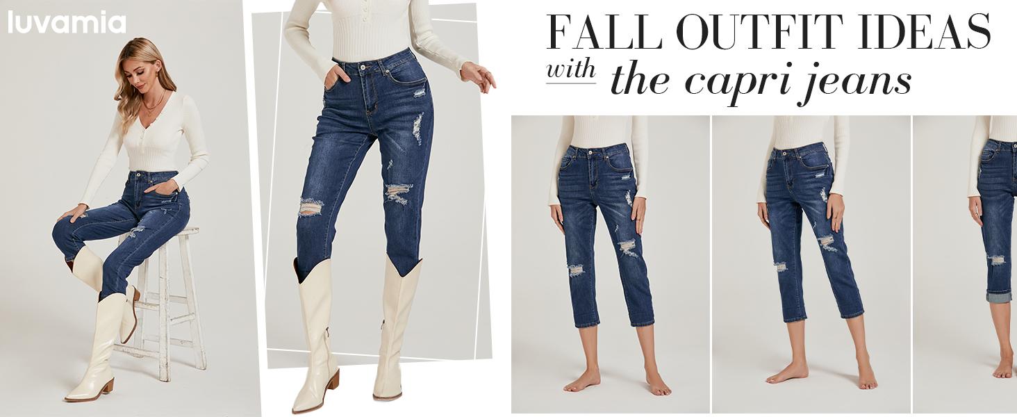 luvamia Denim Jeans for Women Stretch High Waisted Distressed Capris Ripped Skinny Cropped Pants Streetwear Bottom Pocket Womenswear Basic jeans for women