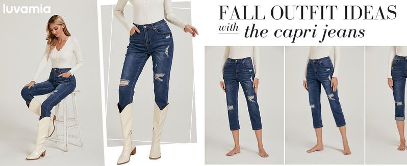 luvamia Denim Jeans for Women Stretch High Waisted Distressed Capris Ripped Skinny Cropped Pants Streetwear Bottom Pocket Womenswear Basic jeans for women