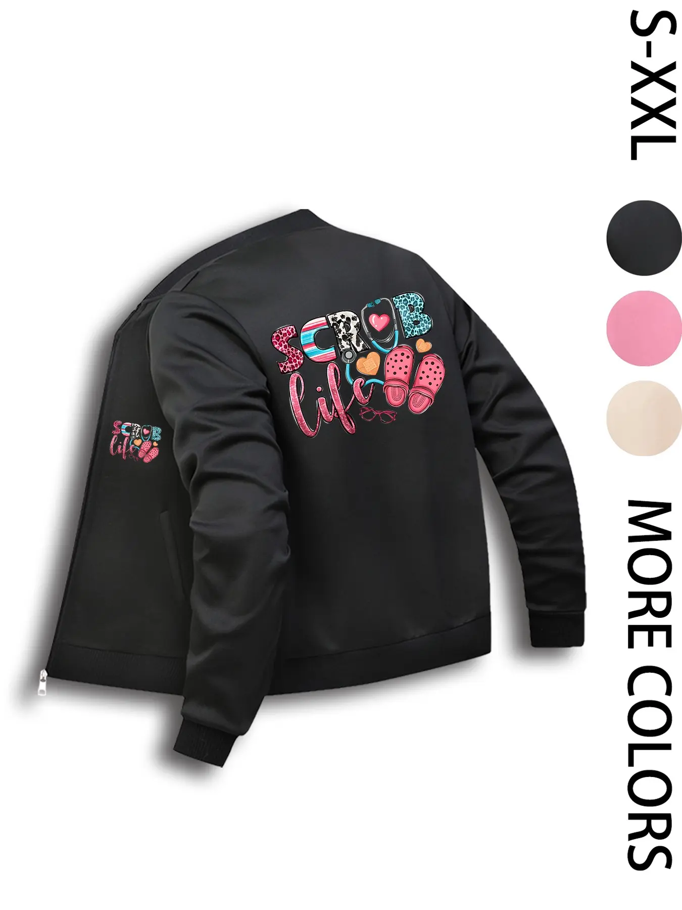 Medical Elements Scrub Life Print Casual Daily Wear, Nurse Print Zipper Jacket Coats, Fitted Casual Outerwear, Long Sleeve Fitted Design with Pockets, Fall & Winter, Womenswear