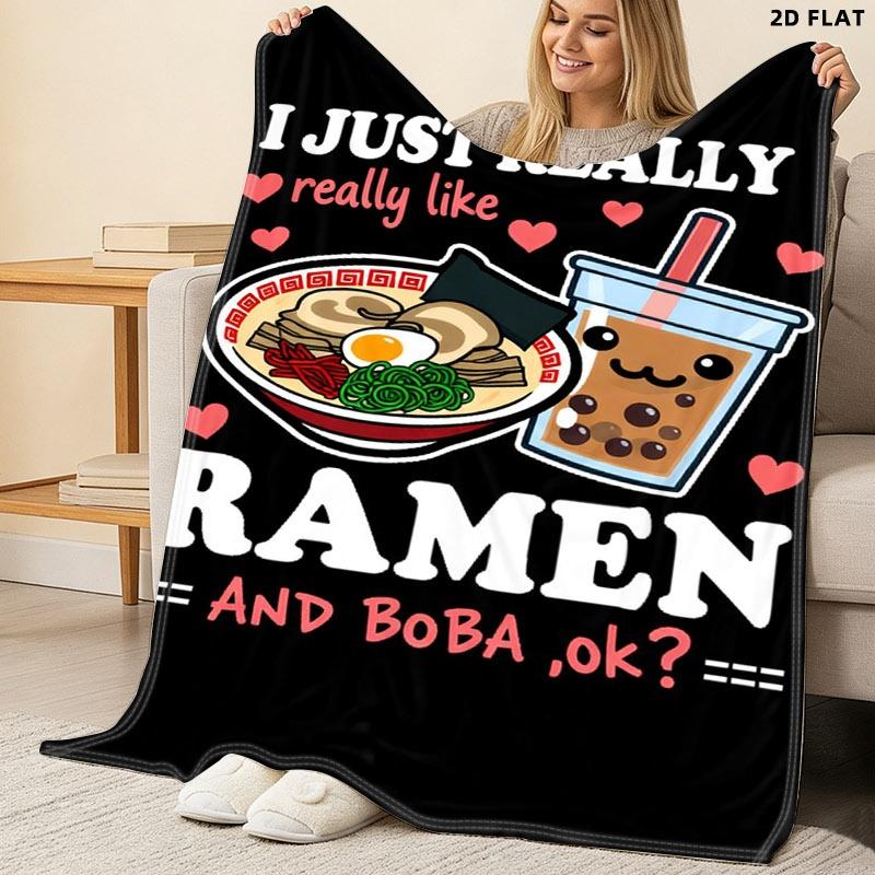 Cute Ramen & Boba Themed Throw Blanket, Single - Sided Printed, Multiple Specifications Available, Perfect for Nap/Relaxation, Soft Cozy Fabric, Adorable Design for Ramen & Boba Lovers