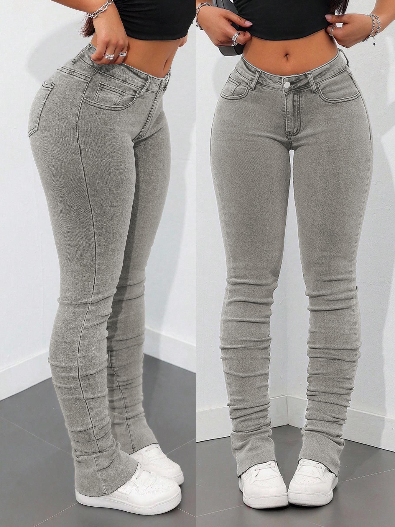 Plus Size High Waist Stretch Ruched Wrinkle Tight High Rise Jeans, Casual Fashion Denim Streetwear Plain Surface Unlined, Comfortable Slim Fit for Everyday Wear, Pants