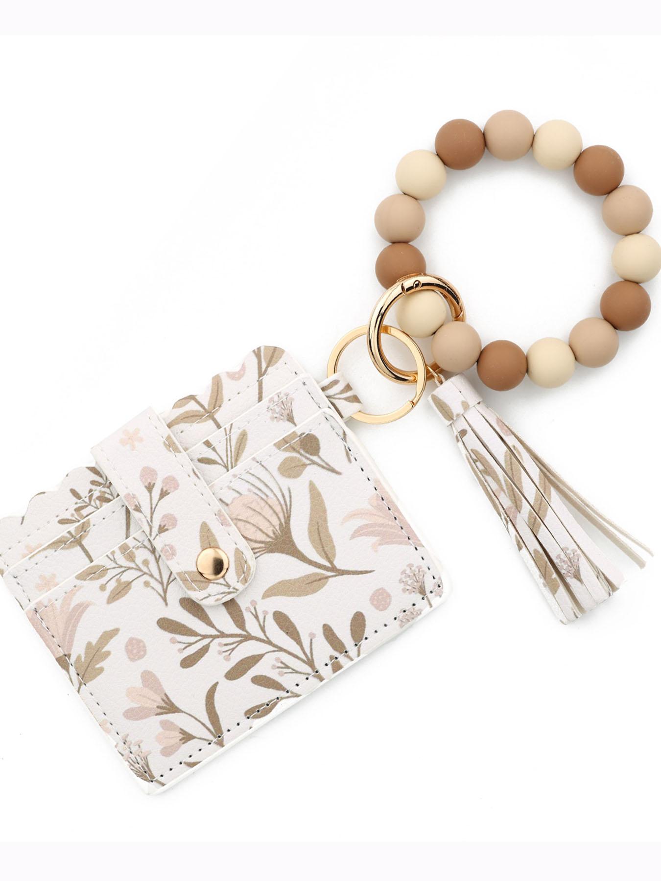 Cute Patterned Beaded Keychain Wallet, Compact Card Holder with Tassel Wristlet, Portable Accessory for Women