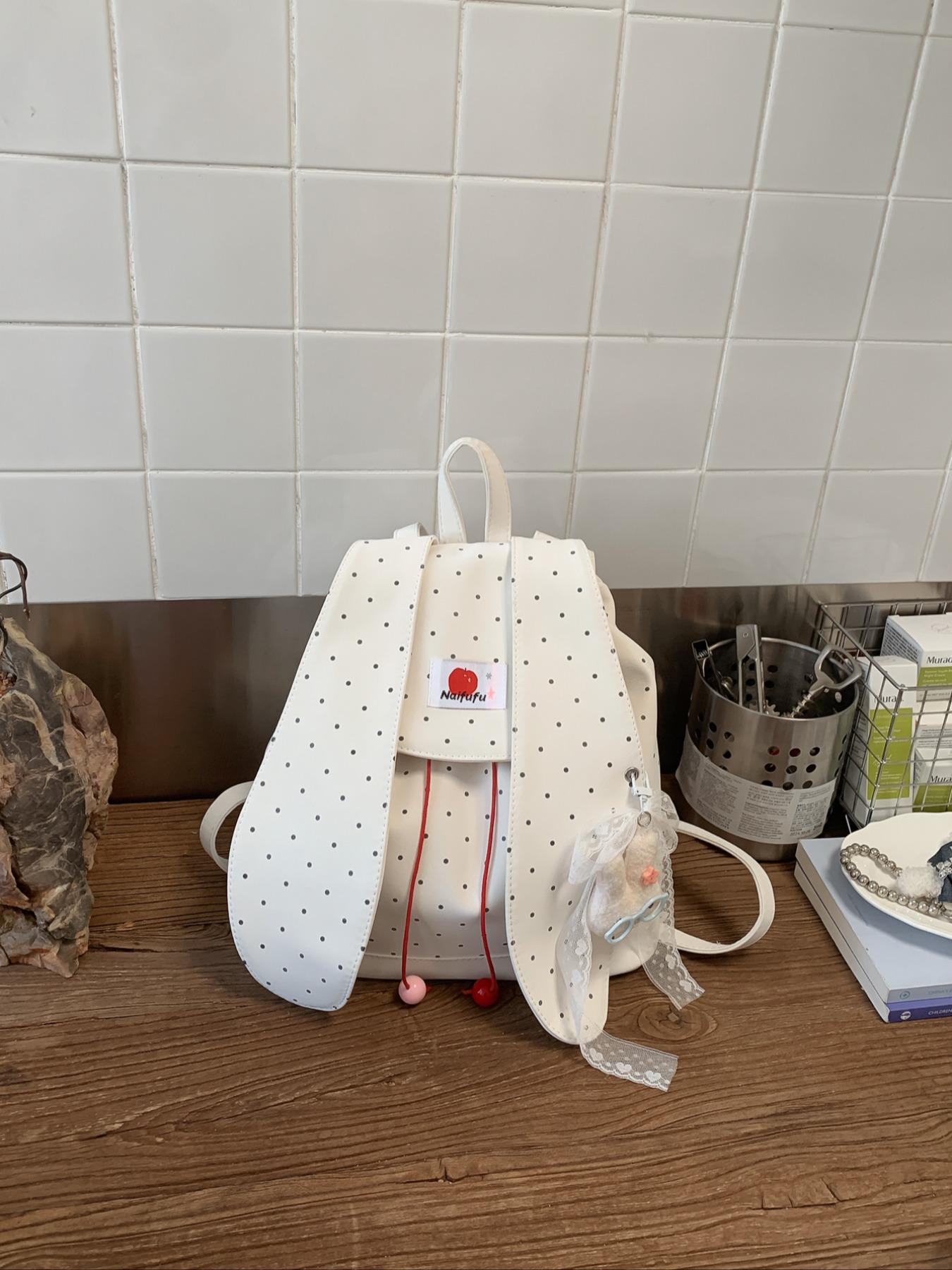 New Rabbit Ears Polka Dot Backpack, Cute Korean Style Student Bag, Large Capacity Commuter Backpack, Soft Adorable Bunny Shoulder Bag