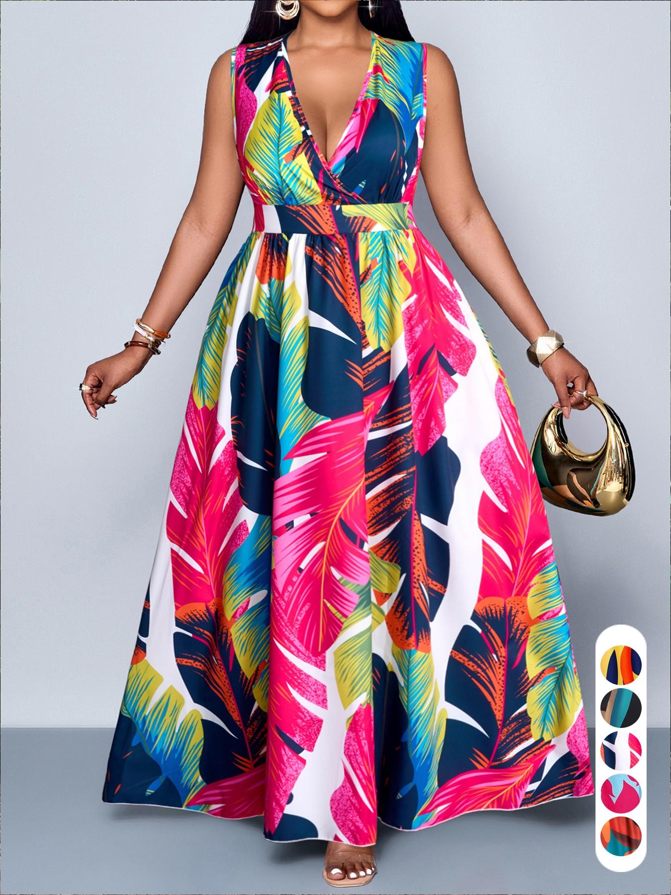 Plus Size Women's Elegant Casual Boho Chic Summer Plant Print V-Neck Sleeveless High Waist A-Line Dress for Leisure, Vacation & Outdoor loose fit fashion forward special occasion oversized