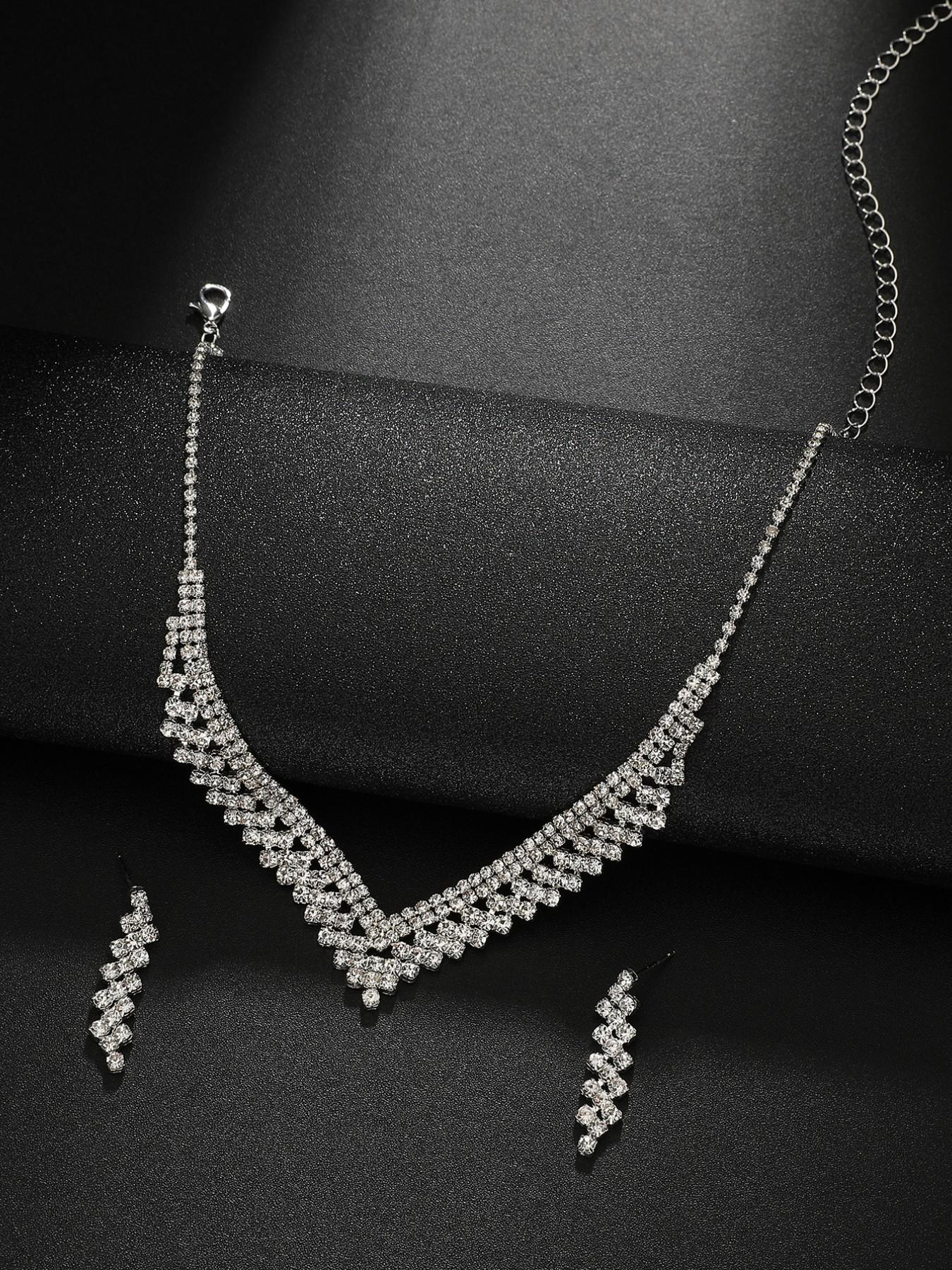 Vintage Luxurious Full Diamond V-Neck Necklace Earrings Set, Bride Wedding Dinner Elegant Accessories, Casual All Seasons Style