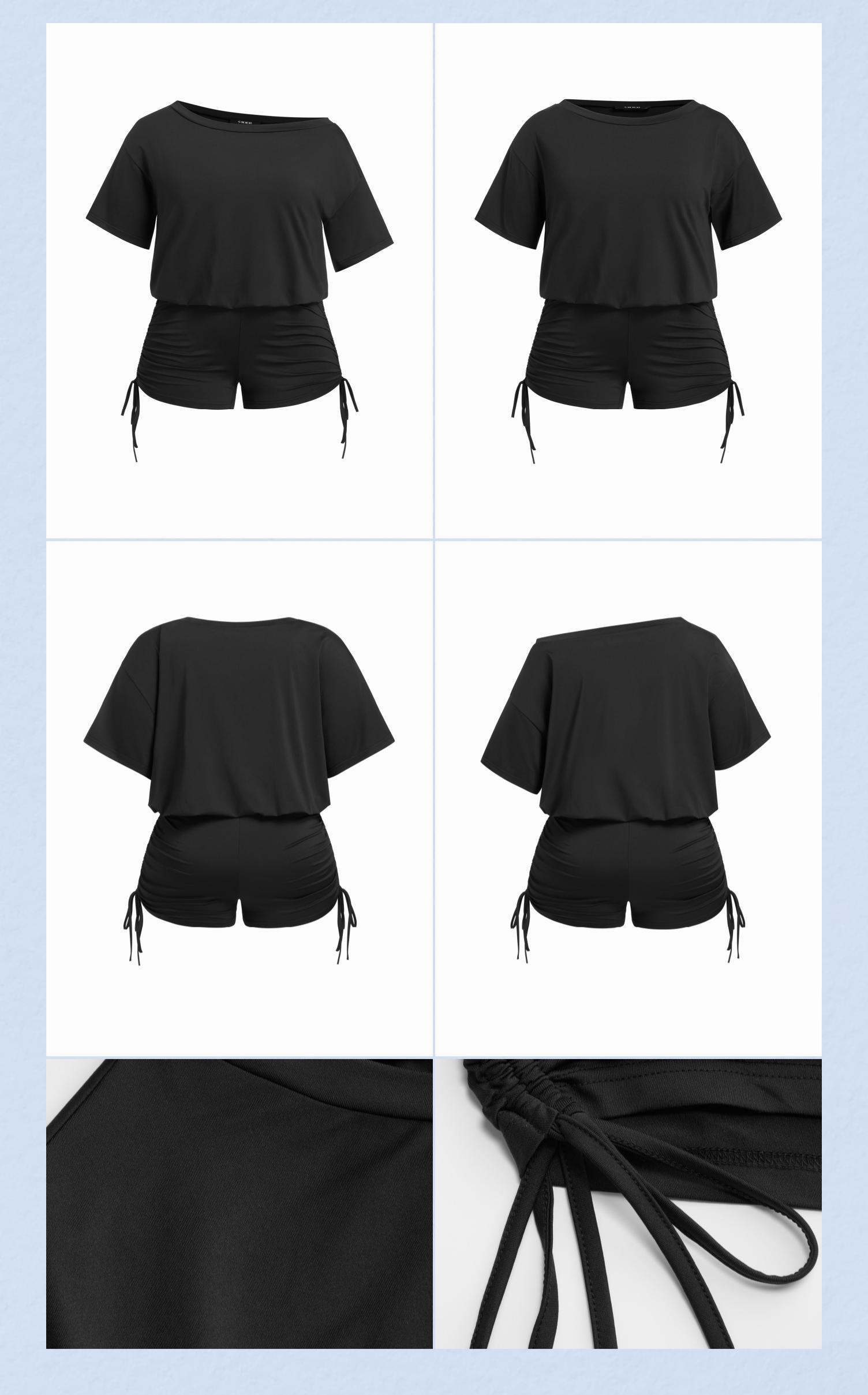 Cider Asymmetrical Neck Drawstring Ruched Romper