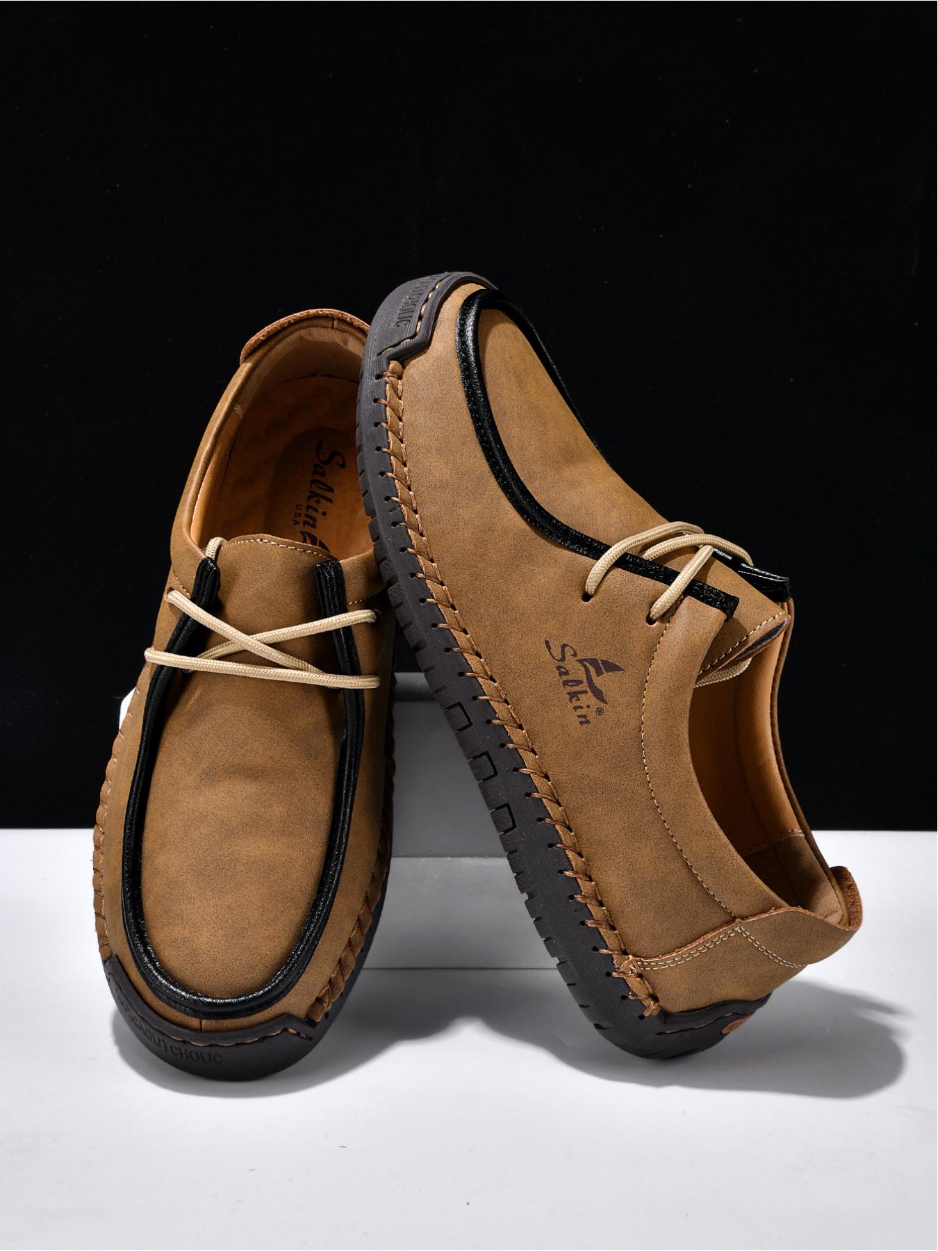 Men's Black Hand-Stitched Casual Shoes, Soft Sole Non-Slip Slip-On Driving Shoes, Dad Shoes