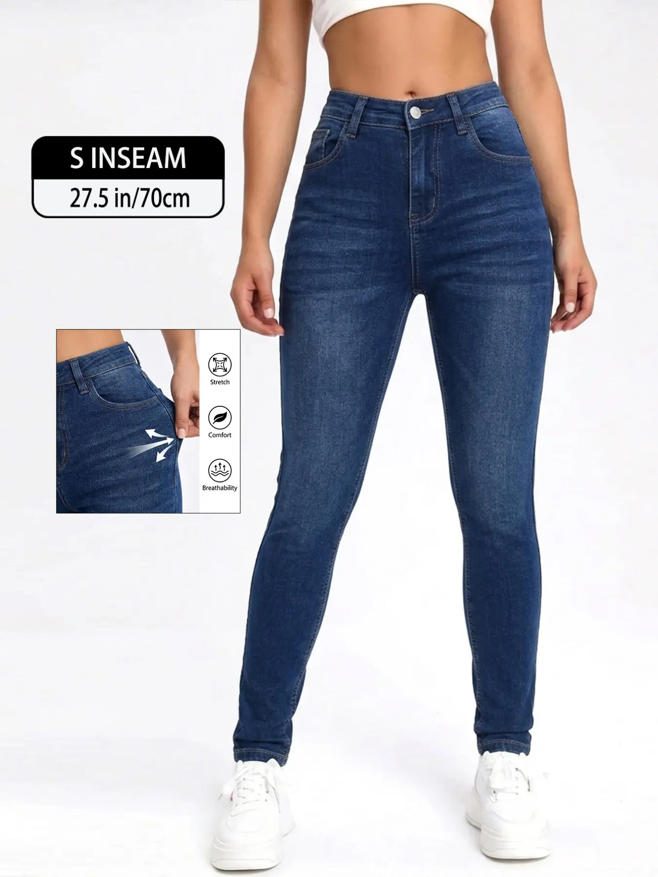 Women's Denim Long Pants, Slim-Fit Elastic Jean, Mid Waist Zipper Fly, All Seasons Casual Wear, Comfortable Stretch Fabric