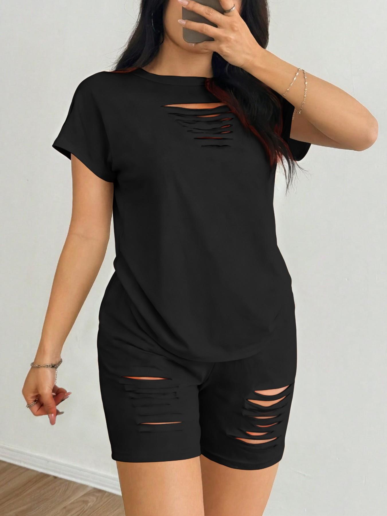 Women's Sexy Hollow Out T-Shirt and Shorts Set, Soft High Stretch Fabric, Casual Slim Fit, Short Sleeve, Plain Pattern, Two Piece, Outfit