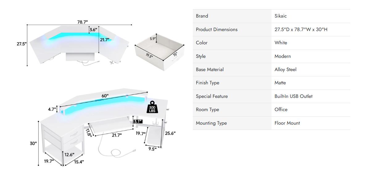 Sikaic 79 Inches Wing Shaped LED Gaming Desk With 2 Fabric Drawers Storage Shelf