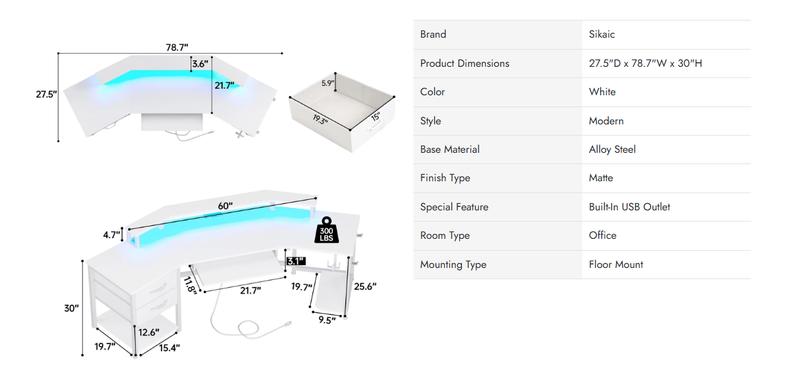 Sikaic 79 Inches Wing Shaped LED Gaming Desk With 2 Fabric Drawers Storage Shelf
