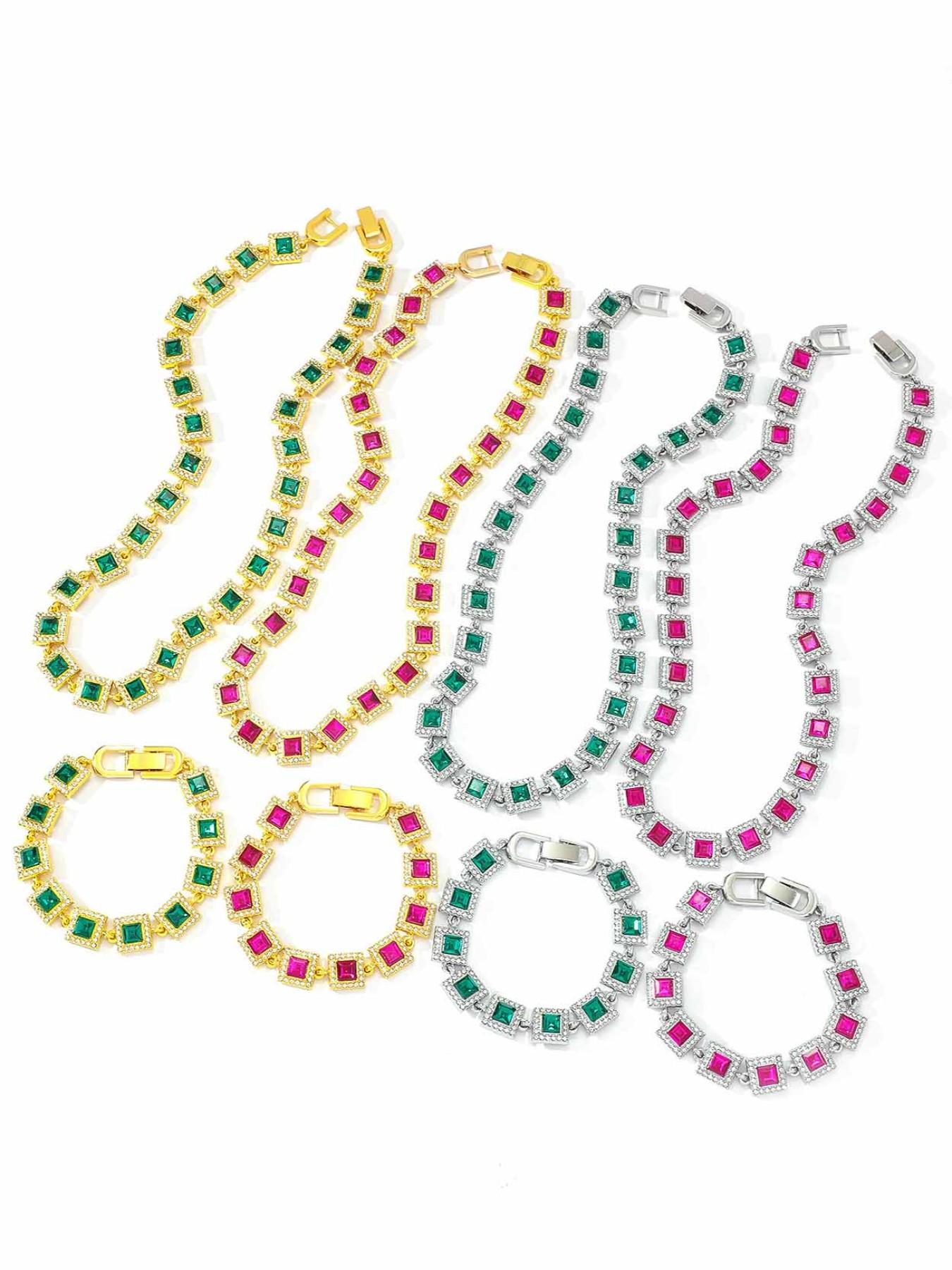 Trendy Spliced Square Color Necklace Bracelet Set, Unisex Iced Out Blingbling Design, Ideal Jewelry Gift & Punk Style Accessory