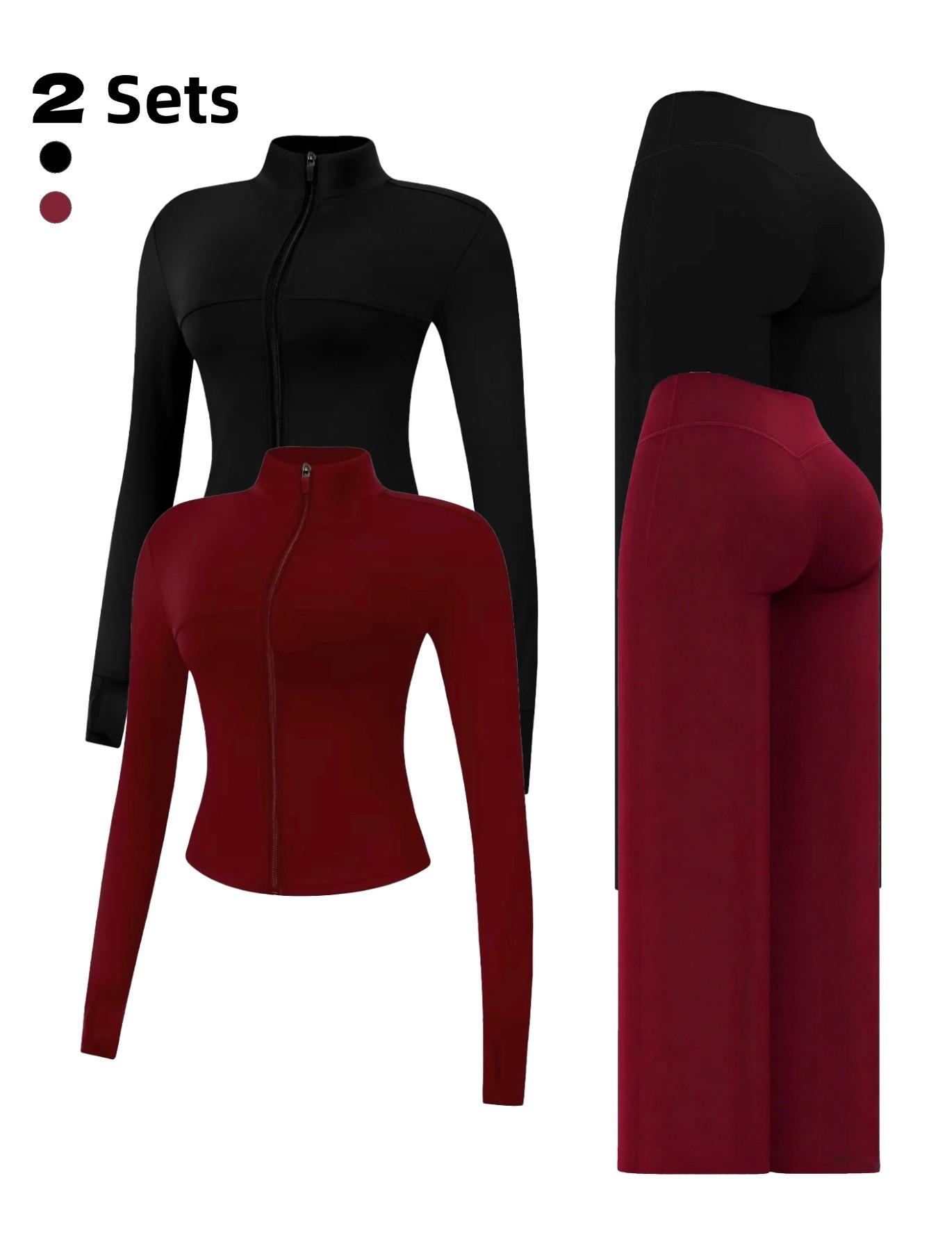 Nude Sensory Solid Color Shaping Stand Collar Zipper Yoga Set, High Elastic Activewear, High Waist Wide Leg Pants, Quick Dry Sporty Two-Piece, Gym Workout Sportswear