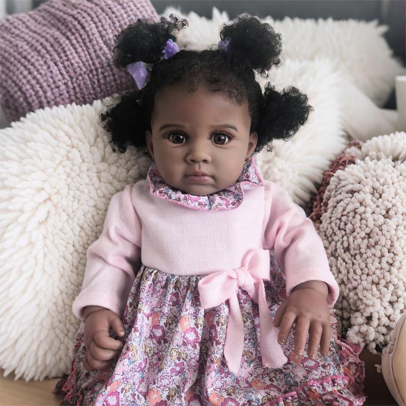 Reborn Baby Dolls 24 inch African American Black Soft Body Realistic Silicone Vinyl Toddler Dolls Real Life Baby Dolls Cloth Body Doll Toy Gift for Kids Age 3+